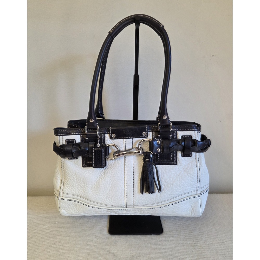 Coach Hamilton White & Black Pebbled Leather Braid Belt Zip Top Tote Bag F13084